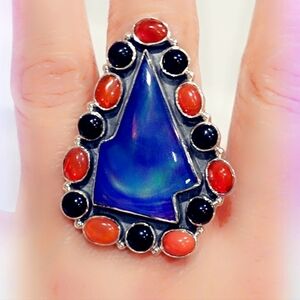 Aurora Opal, Carnelian & Onyx Lightning Bolt Sterling Gemstone Ring